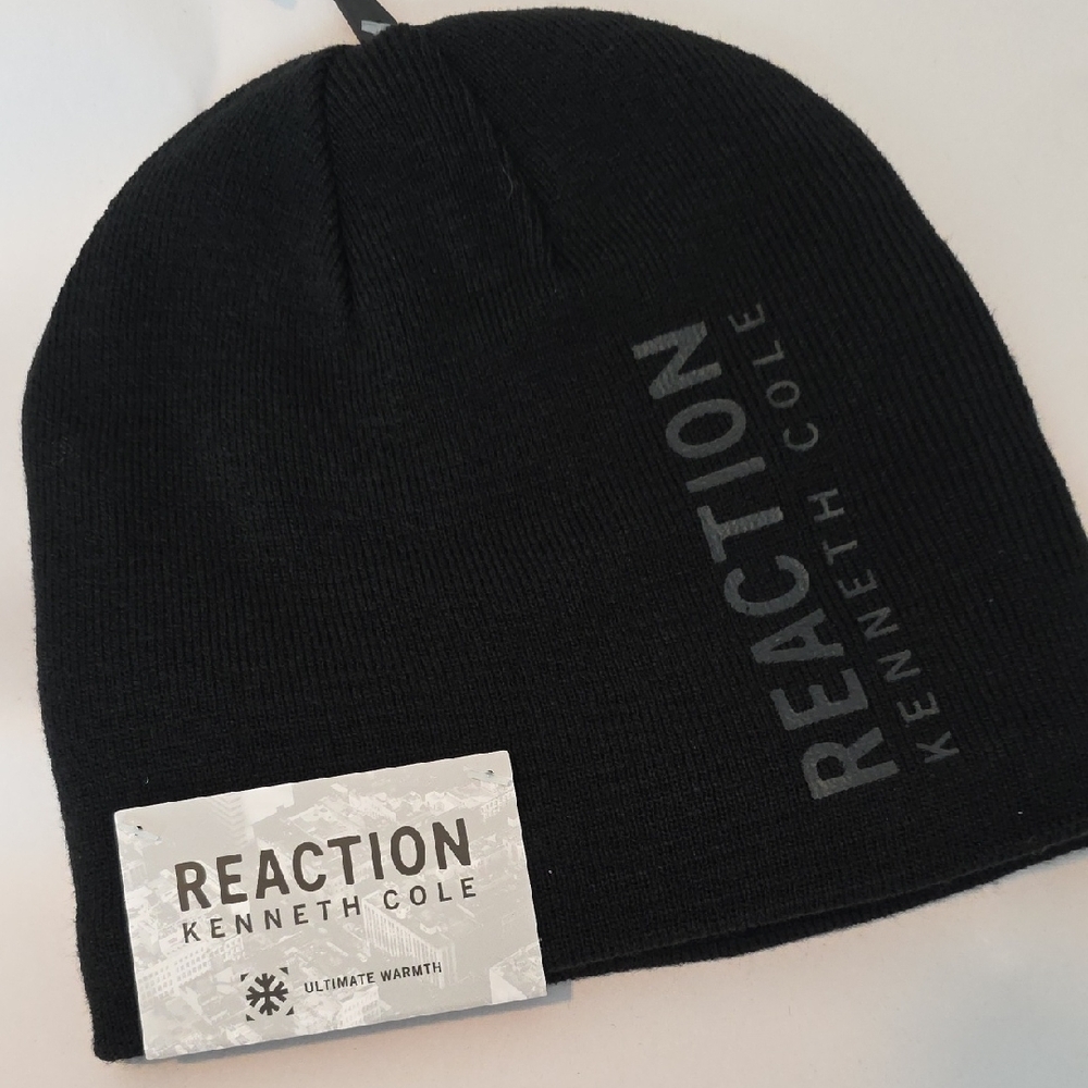 Kenneth Cole Black Knit Reaction Logo Beanie NWT